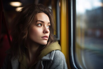 clamful caucasian female woman traveller sit relax look out window transportation with train vehicle vacation casual journey lifestyle