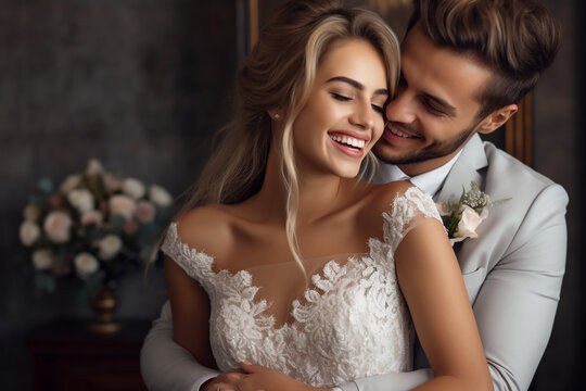 A pre-wedding moment captures a young couple in each other's arms, symbolizing their strong commitment, against a timeless backdrop. Generative AI.