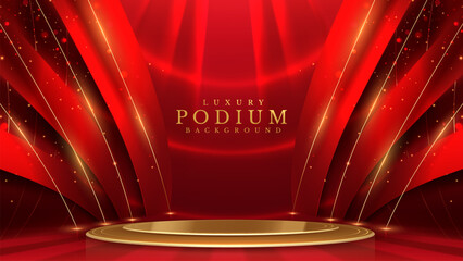 Empty podium golden on red background with light neon effects with bokeh decorations. Luxury scene design concept. Vector illustrations.