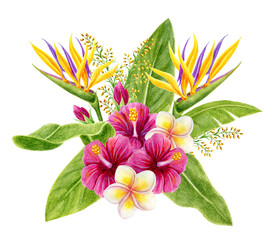Tropical bouquet. Hand drawn watercolor painting with hibiscus flowers, strelitzia, frangipani and palm leaves isolated on white background. Floral summer composition.