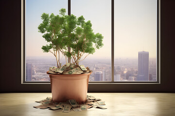 money plant a lot of money dollars notes kept in plant pot growning the money investment concept business growning concept created by using ai generative technology