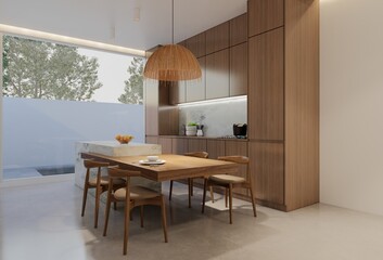Minimal wooden kitchen and dining table. 3D illustration rendering