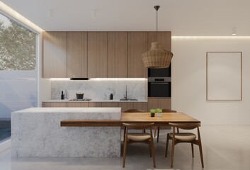 Minimal wooden kitchen and dining table. 3D illustration rendering