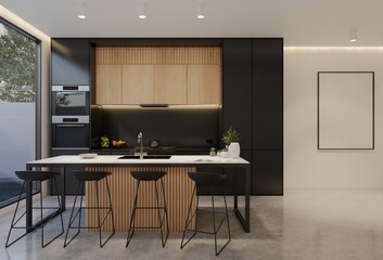 Minimal wooden kitchen and dining table. 3D illustration rendering