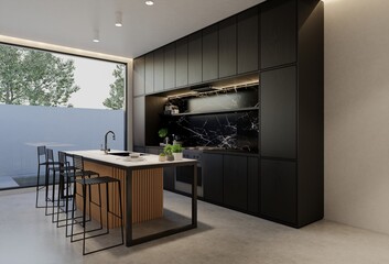Minimal wooden kitchen and dining table. 3D illustration rendering
