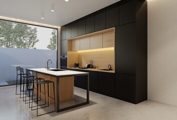 Minimal wooden kitchen and dining table. 3D illustration rendering