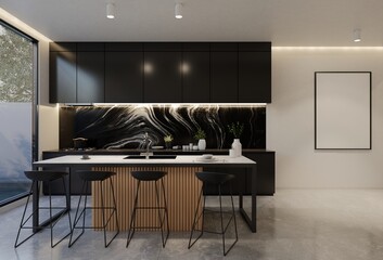 Minimal wooden kitchen and dining table. 3D illustration rendering