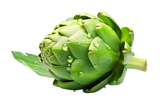 hyperrealistic high-definition image of an artichoke with some drops of dew on it on a white background isolated PNG