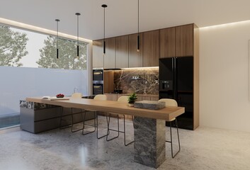 Minimal wooden kitchen and dining table. 3D illustration rendering