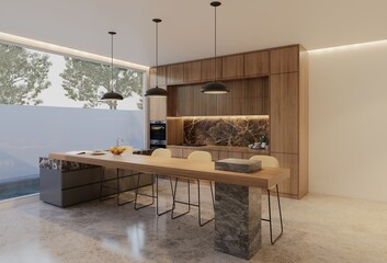 Minimal wooden kitchen and dining table. 3D illustration rendering