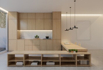 Animated Minimal wooden kitchen and dining table. 3D illustration rendering