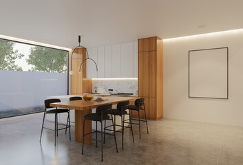 Minimal wooden kitchen and dining table. 3D illustration rendering