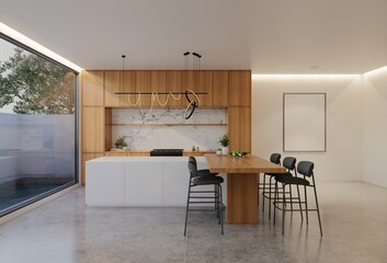 Minimal wooden kitchen and dining table. 3D illustration rendering