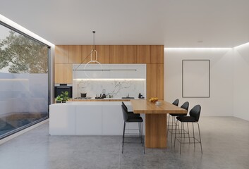 Minimal wooden kitchen and dining table. 3D illustration rendering