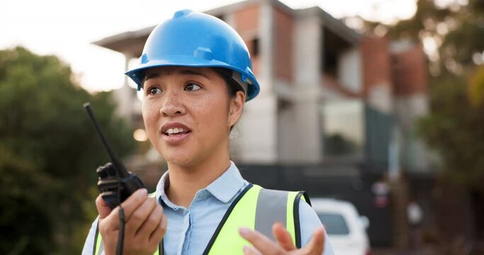 Communication, radio and construction worker, woman or manager for project management in urban city. Engineering leader, building contractor or asian person speaking for safety check on walkie talkie