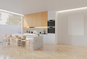 Minimal wooden kitchen and dining table. 3D illustration rendering