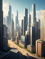 Cityscape: The foreground of the image showcases a modern urban environment with towering skyscrapers, busy streets, and a mix of architectural styles. The city should appear dense and sprawling,