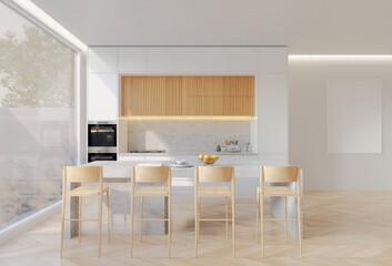 Minimal wooden kitchen and dining table. 3D illustration rendering