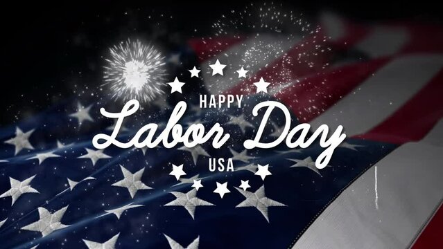 Labor Day with USA Flag Background and fireworks. Labor day greetings for labor day celebration and workers. Happy Labor Day.