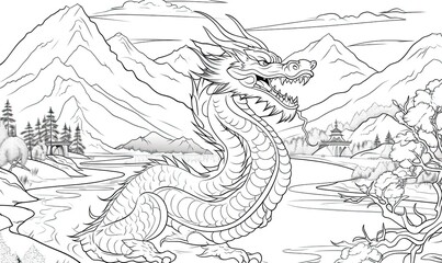 A majestic dragon with breathtaking mountain scenery in the background