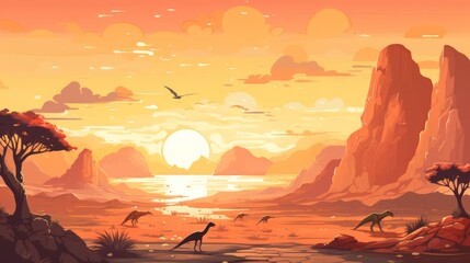 A serene prehistoric sunset, majestic dinosaurs on the plain. Clear silhouettes against the colorful sky
