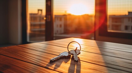 Keys on a modern table in a new apartment, bathed in sunset's warm light through expansive windows.