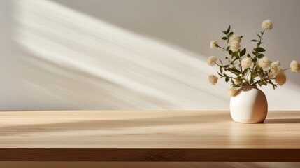 An elegant scene with a minimalist wooden table bathed in gentle sunlight, showcasing the intricate wood grain against a white wall backdrop.