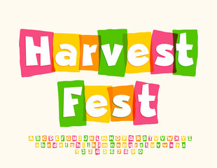 Vector colorful poster Harvest Fest with creative Font. Funny bright Alphabet Letters and Numbers set