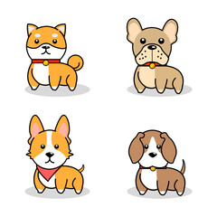 Shiba Inu, French Bulldog, Pembroke Welsh Corgi and Beagle stand in cartoon style.