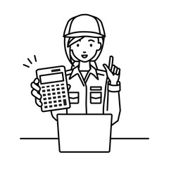 a blue-collar worker woman recommending, proposing, showing estimates and pointing a calculator with a smile in front of laptop pc