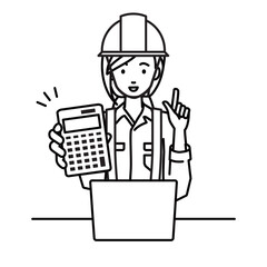 a woman working at construction sites recommending, proposing, showing estimates and pointing a calculator with a smile in front of laptop pc