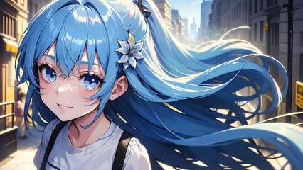 Fototapeta premium Anime style blue haired city girl