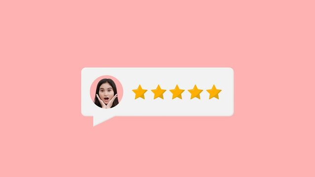 Animated chatbox intro and outro - A satisfied customer leaving a 5-star review in the comment section of a forum, page or online shopping website. Shocked profile photo. Pink blush background.