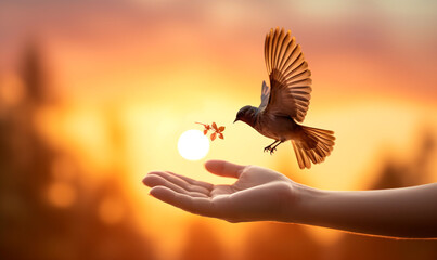 Vogel landet auf der Hand im Sonnenuntergang - obrazy, fototapety, plakaty