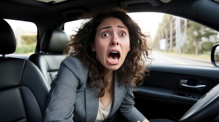 Fototapeta na wymiar Exhausted funny woman is driving a car. Generative AI