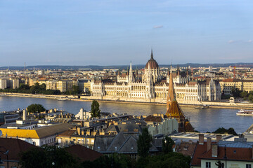 View of Parliament building from fishermen bastion on Buda side across river Danube in Budapest, Hungary.
