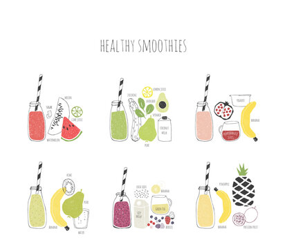  Collectionof hand drawn healthy smoothie recipes. Doodle vegetables, fruits and berries. 
