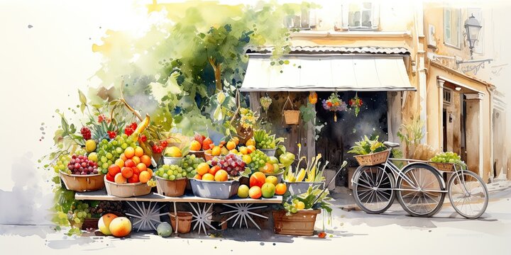 watercolor of fruits shop, generative AI