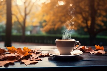 Naklejka na ściany i meble Morning brew. Embracing autumn aroma. Coffee cup on sunlit wooden table. Steamy mug amidst fall beauty on blur background