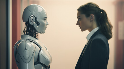Futuristic Office Interview: AI Robot vs Human in Employment Struggle