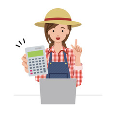 座ってデスクでノートPCを開いて電卓を持ってこちらに向けて見せている農家の女性