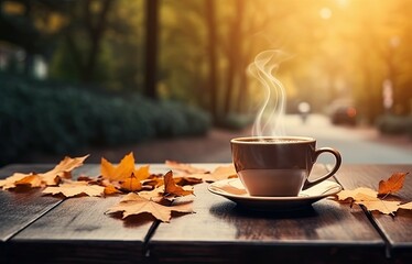 Naklejka na ściany i meble Morning brew. Embracing autumn aroma. Coffee cup on sunlit wooden table. Steamy mug amidst fall beauty on blur background
