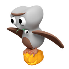 3d halloween day concept with  flying cute owl holding a pumpkin head, worm, eye isolated. holiday party, 3d render illustration