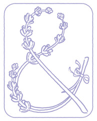 ラベンダーの花のスケッチ風、デザイン文字。「&」。ベクター素材。