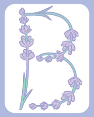 ラベンダーの花のスケッチ風、デザイン文字。「B」。ベクター素材。