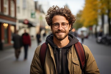 Happy and Stylish: Satisfied Man Wearing Trendy Glasses Outdoors