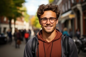 Fototapeta premium Happy and Stylish: Satisfied Man Wearing Trendy Glasses Outdoors