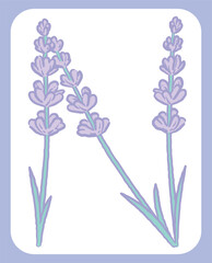 ラベンダーの花のスケッチ風、デザイン文字。「N」。ベクター素材。