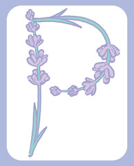 ラベンダーの花のスケッチ風、デザイン文字。「P」。ベクター素材。