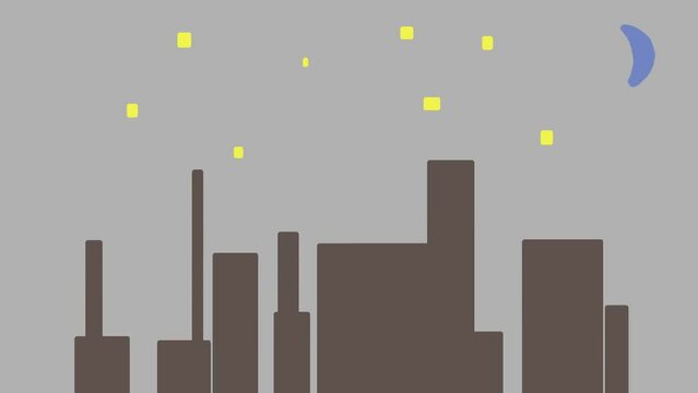The city in the form of houses and many skyscrapers is rapidly changing in the night sky with yellow stars and a blue moon.